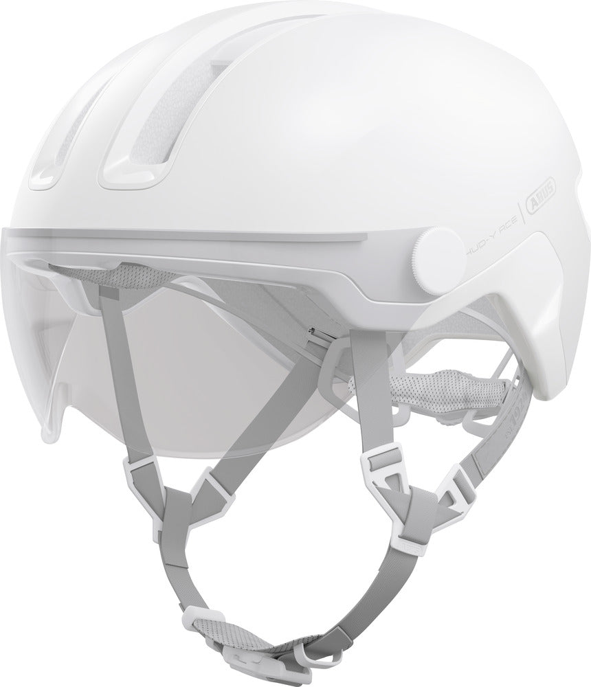 abus hud-y ace pure white. Mat hvid cykelhjelm med visir og LED