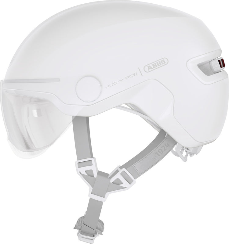 abus hud-y ace pure white. Mat hvid cykelhjelm med visir og LED