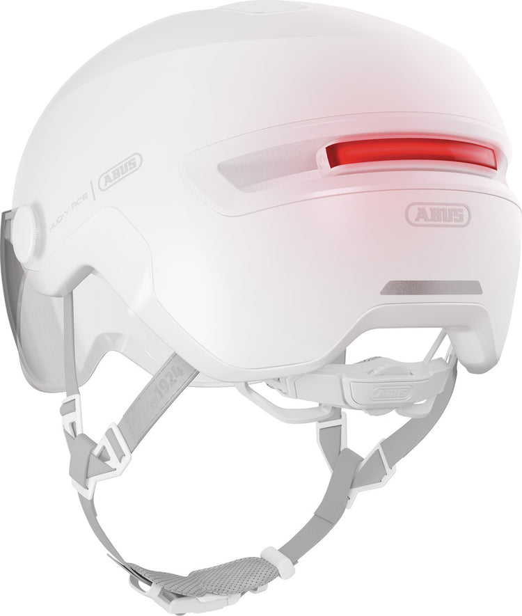 abus hud-y ace pure white. Mat hvid cykelhjelm med visir og LED