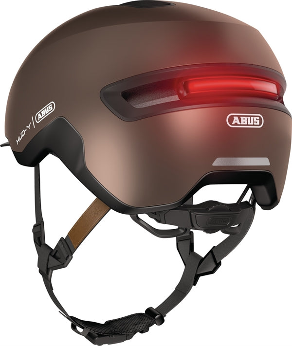 Abus Hud-Y Metallic Copper. Brun cykelhjelm med skygge og led lys