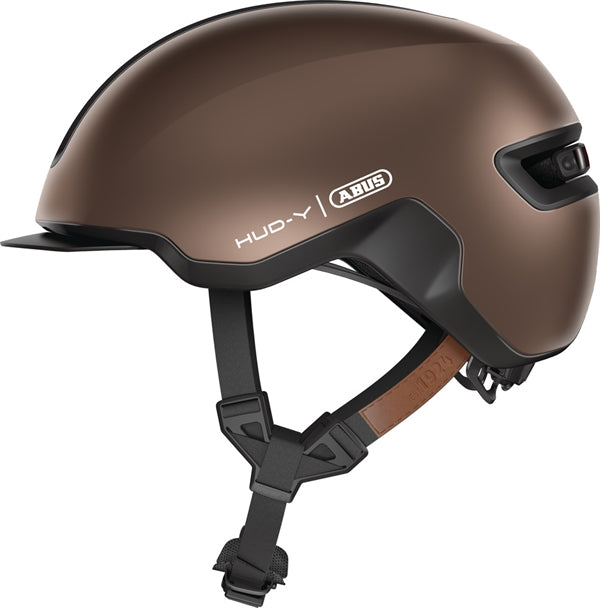 Abus Hud-Y Metallic Copper. Brun cykelhjelm med skygge og led lys