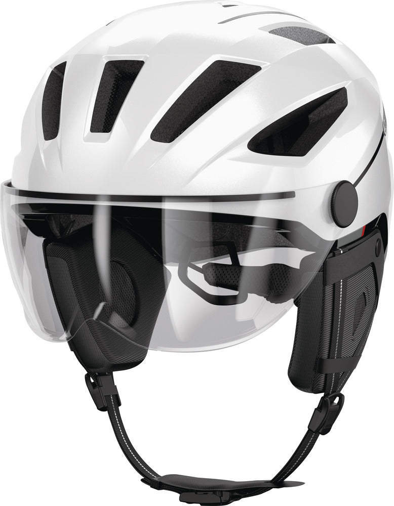 Abus Pedelec 2.0 ACE Pearl White - El Cykelhjelm perle hvid med klart front visir og ørevarmere og regnovertræk samt led lygte