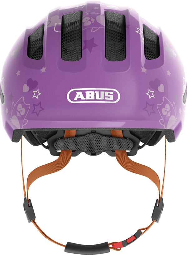 Abus Smiley 3.0 Purple Star. Lilla cykelhjelm til barn og baby med ugler og stjerner